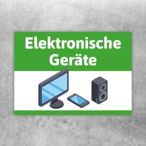 Elektronische Geräte Aufkleber mit Symbolen für Monitor, Smartphone und Lautsprecher zur Entsorgung.