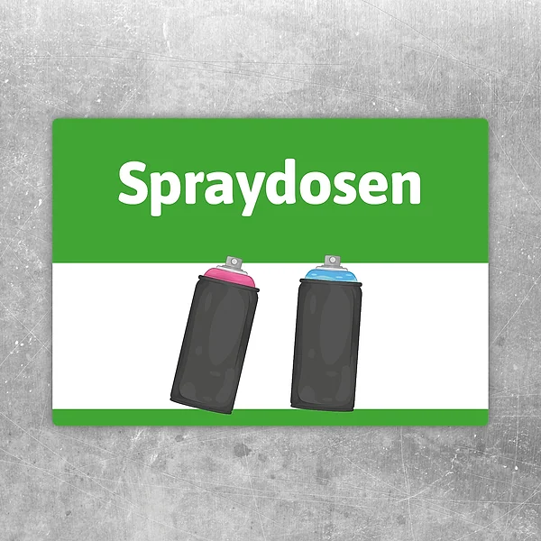 Spraydosen Aufkleber mit grünem Hinweismotiv zur klaren Kennzeichnung der Entsorgung.