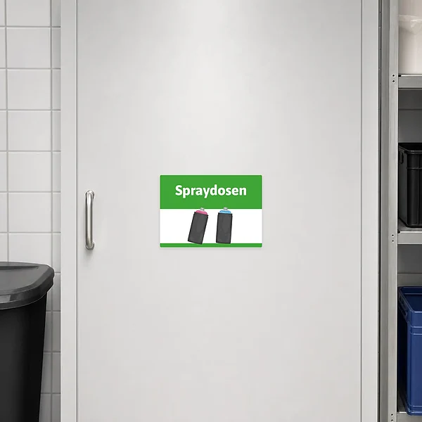 Querformatiger Spraydosen Aufkleber für Sammelstellen, Werkstatt und Entsorgungsbereiche.