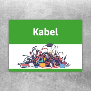Hinweisaufkleber mit dem Wort Kabel und einem bunten Kabelhaufen für Sammelstellen.