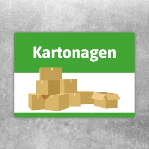 Kartonagen Aufkleber mit grün-weißem Motiv und Kartons für die Kennzeichnung von Sammelstellen.