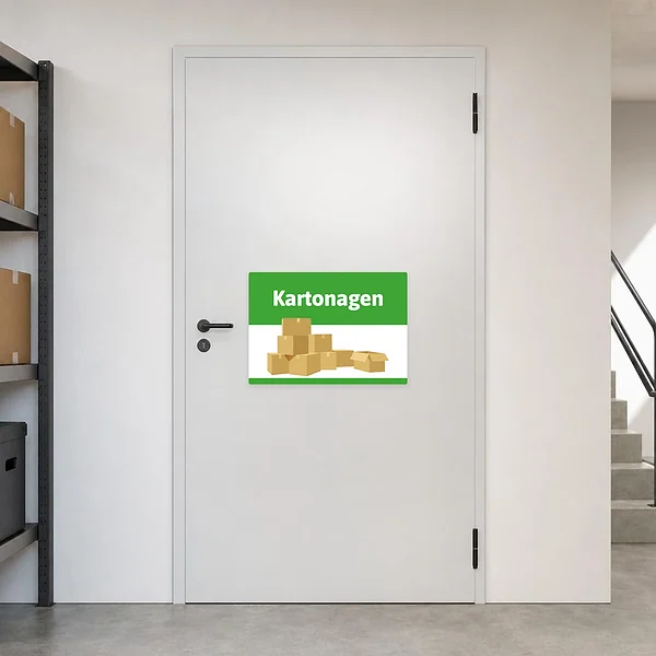 Querformatiger Kartonagen Aufkleber mit Stapel von Kartons zur Kennzeichnung von Papier- und Pappsammlung.