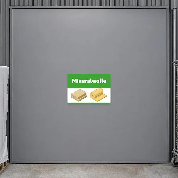 Mineralwolle entsorgen Aufkleber mit grünem Hinweisdesign für Baustelle und Sammelbereich.
