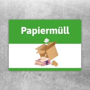 Papiermüll Aufkleber mit grün-weißem Motiv und Karton- sowie Papierstapel für die Mülltrennung.