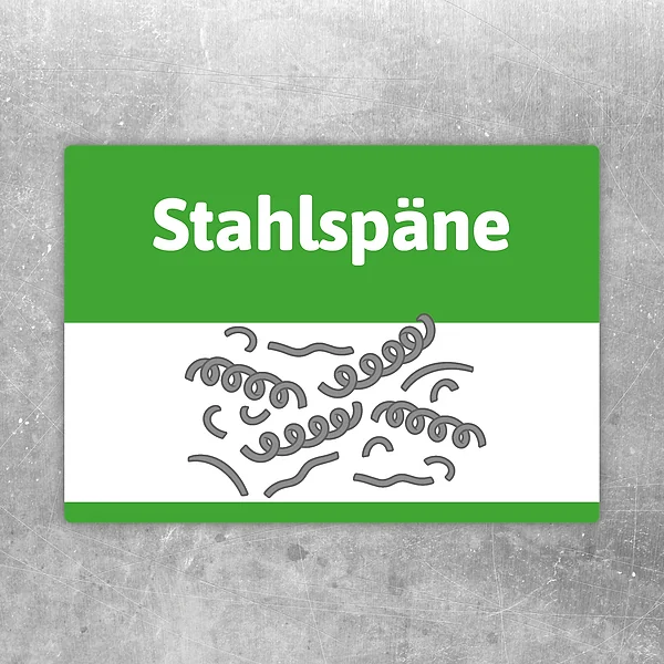Stahlspäne Aufkleber mit grün-weiß-grauem Motiv zur Kennzeichnung von Sammelstellen.