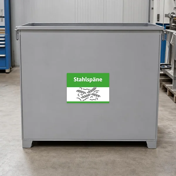 Querformatiger Stahlspäne Aufkleber mit grünem Kopfbereich und Hinweis für Werkstattbehälter.