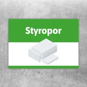 Styropor Aufkleber mit grünem Hinweisfeld zur Kennzeichnung der Styropor-Entsorgung.