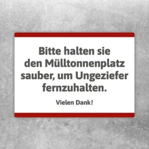 Aufkleber mit Hinweis zum sauberen Mülltonnenplatz gegen Ungeziefer.