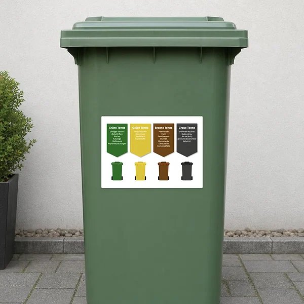 Aufkleber zur Mülltrennung mit vier farbigen Tonnen und Zuordnung für Papier, Bioabfall, Verpackungen und Restmüll.