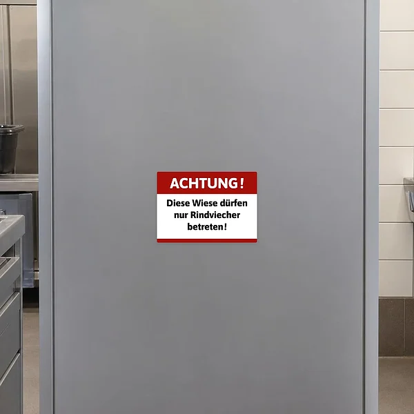 Humorvoller Aufkleber für Hof oder Weide mit der Aufschrift „Nur Rindviecher betreten“ in rot-weißem Warnstil.