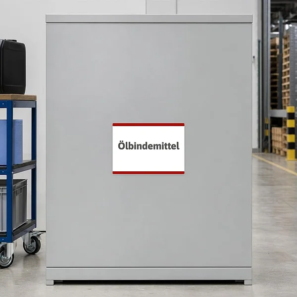 Querformatiger Ölbindemittel Aufkleber zur Kennzeichnung von Lagerplatz oder Werkstattbereich.