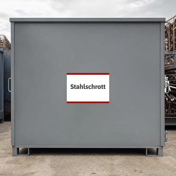 Querformatiger Stahlschrott Aufkleber für Schrottplatz, Werkstatt oder Recyclingbereich mit klarer Hinweiswirkung.