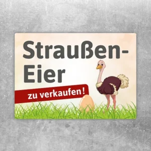 Straußeneier zu verkaufen Aufkleber mit Strauß, Ei und großem Verkaufshinweis.
