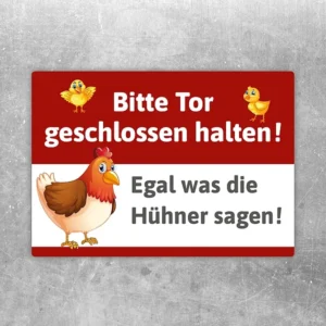 Lustiger Hühneraufkleber mit der Bitte, das Tor geschlossen zu halten, für Hof oder Garten.