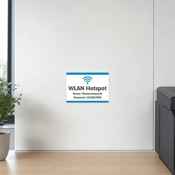 Querformatiger WLAN Hotspot Aufkleber mit Symbol, Name Musternetzwerk und Passwort 1234567890.