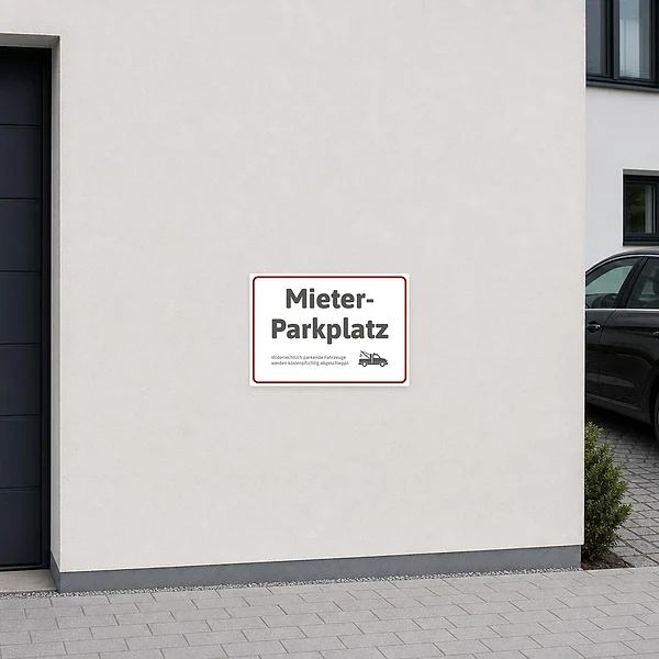 Weißer Aufkleber für Mieterparkplätze mit klarer Abschleppwarnung und kleinem Abschleppwagen-Symbol.