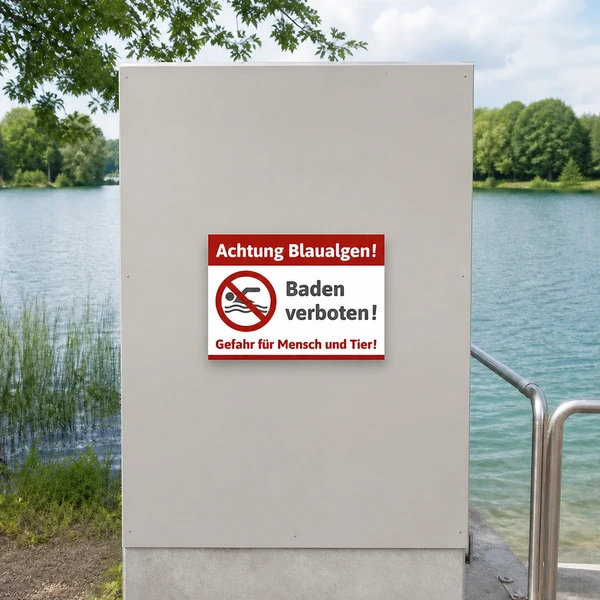 Schild Achtung Blaualgen – Baden verboten – realistisches Anwendungsbeispiel, KI-generiert