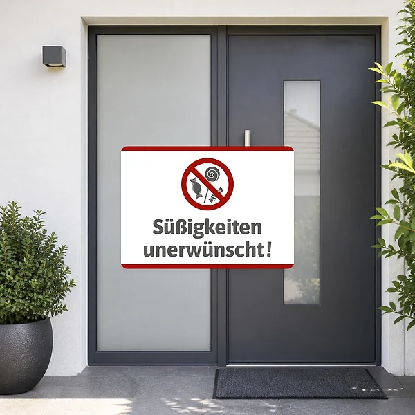 Aufkleber „Süßigkeiten unerwünscht“ am vorgesehenen Einsatzort