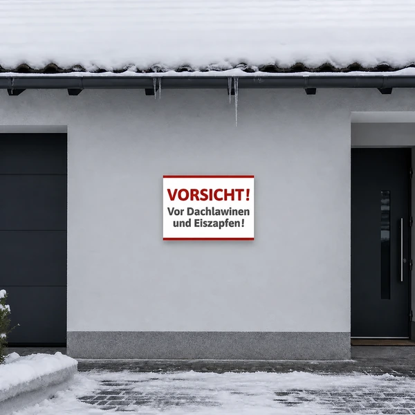 Schild Vorsicht Dachlawinen und Eiszapfen – realistisches Anwendungsbeispiel, KI-generiert