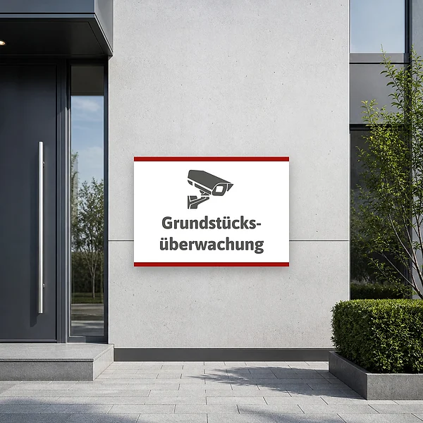 Schild Grundstücksüberwachung am passenden Einsatzort – KI-generiertes Anwendungsbeispiel