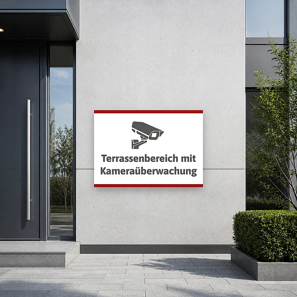 Schild Terrassenbereich mit Kameraüberwachung am passenden Einsatzort – KI-generiertes Anwendungsbeispiel
