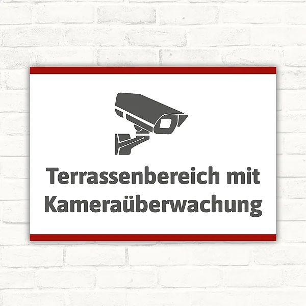 Schild Terrassenbereich mit Kameraüberwachung mit gut lesbarem Motiv „Terrassenbereich mit Kameraüberwachung“