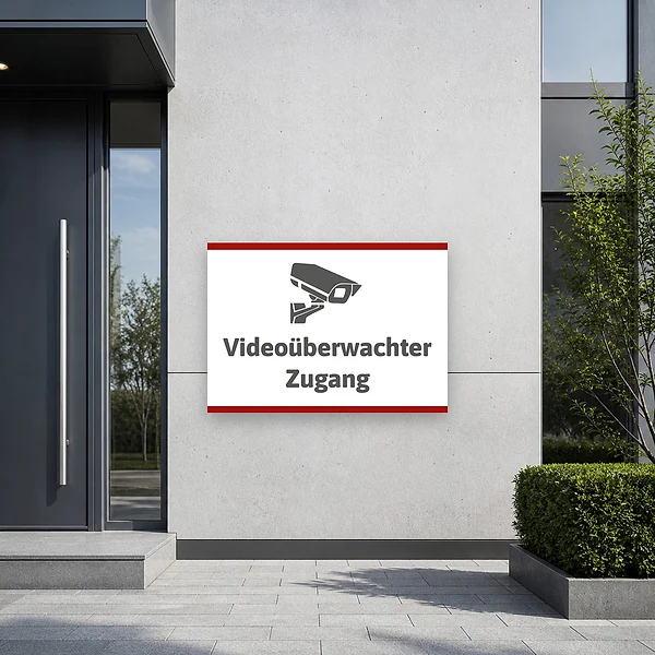 Schild Videoüberwachter Zugang am passenden Einsatzort – KI-generiertes Anwendungsbeispiel