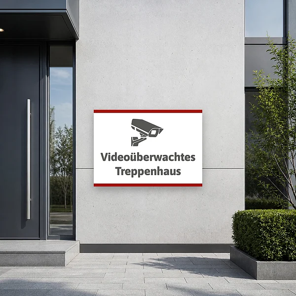 Schild Videoüberwachtes Treppenhaus am passenden Einsatzort – KI-generiertes Anwendungsbeispiel