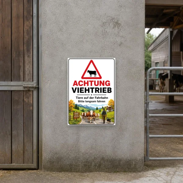 KI-generiertes Anwendungsbeispiel: Achtung Viehtrieb Warnschild als Aluverbundplatte mit Kuhsymbol und dem Hinweis „Bitte langsam fahren“.