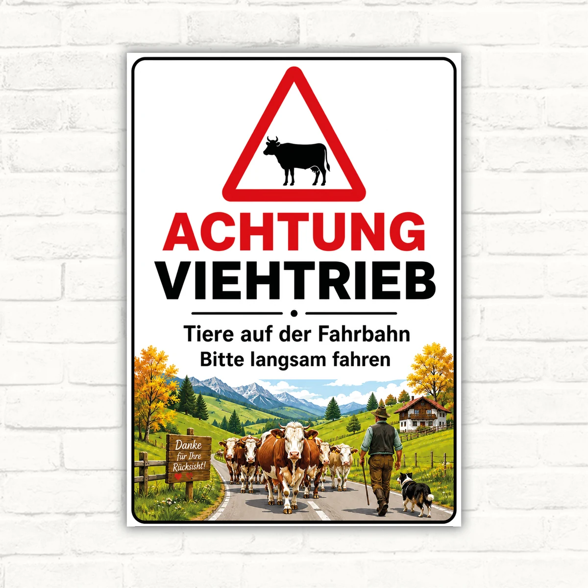 Achtung Viehtrieb Warnschild mit Kuhsymbol und Text „Tiere auf der Fahrbahn Bitte langsam fahren“ als Aluschild.