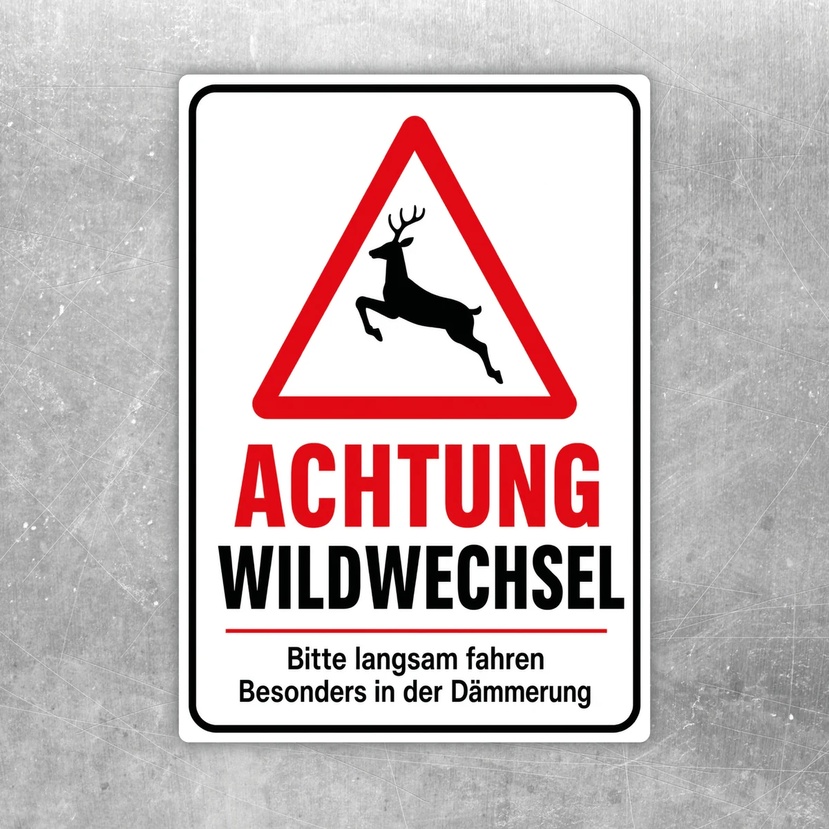 Achtung Wildwechsel Aufkleber mit rotem Warn-Dreieck und Hirschsilhouette in Weiß, Rot und Schwarz für Außeneinsatz.