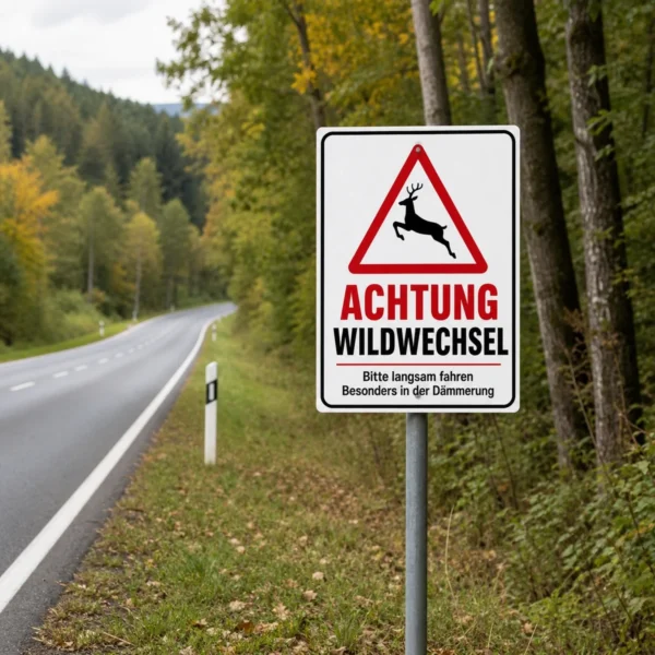 KI-generiertes Anwendungsbeispiel: Achtung Wildwechsel Aufkleber mit Hirschsymbol an einer Hofeinfahrt zur gut sichtbaren Warnung.