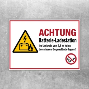 Achtung Batterie-Ladestation Aufkleber mit Warnsymbol, Batterie-Icon und rotem Verbotssymbol für Ladebereiche.