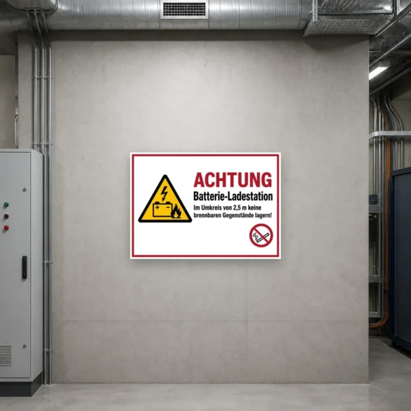 KI-generiertes Anwendungsbeispiel: Achtung Batterie-Ladestation Aufkleber an einer Werkstattwand mit klarer Warnwirkung.