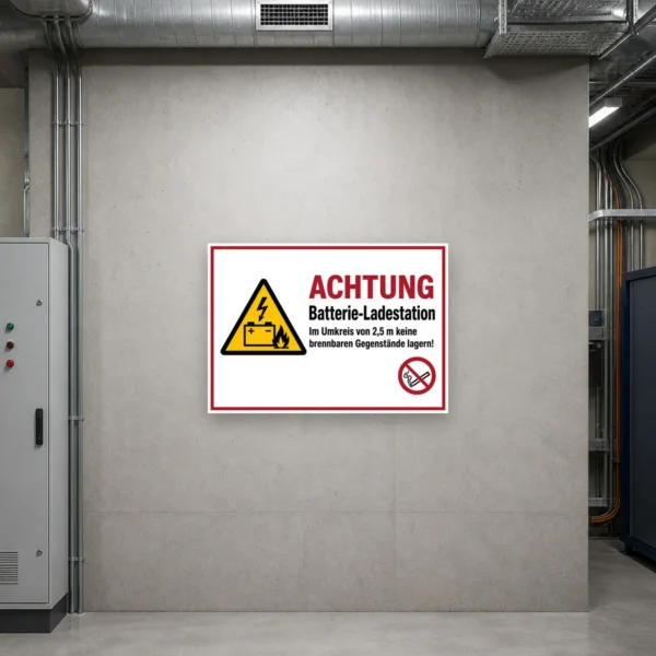KI-generiertes Anwendungsbeispiel: Warnschild Batterie-Ladestation mit ACHTUNG und Batteriesymbol an einer Ladezone für Akkus.