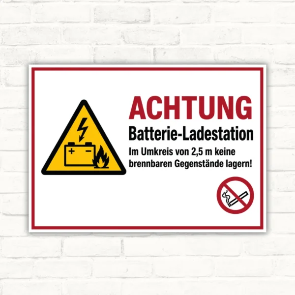 Warnschild Batterie-Ladestation mit rotem ACHTUNG, Batteriesymbol und Hinweis auf 2,5 m Abstand zu brennbaren Gegenständen.