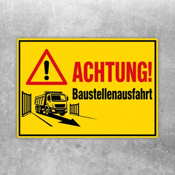 Gelber Achtung Baustellenausfahrt Warnschild Aufkleber mit Warnsymbol, Lkw und roter Überschrift im Querformat.