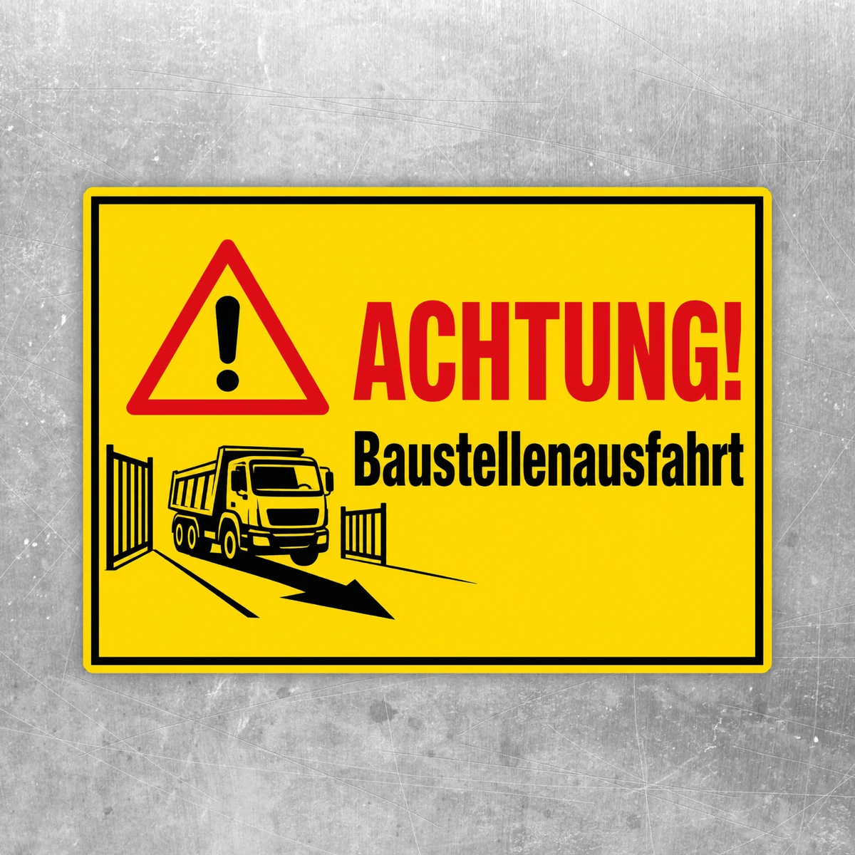 Gelber Achtung Baustellenausfahrt Warnschild Aufkleber mit Warnsymbol, Lkw und roter Überschrift im Querformat.