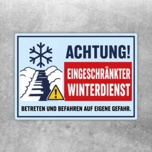 Achtung eingeschränkter Winterdienst Aufkleber mit Schneeflocke, Warnsymbol und rotem Hinweisblock in Querformat.