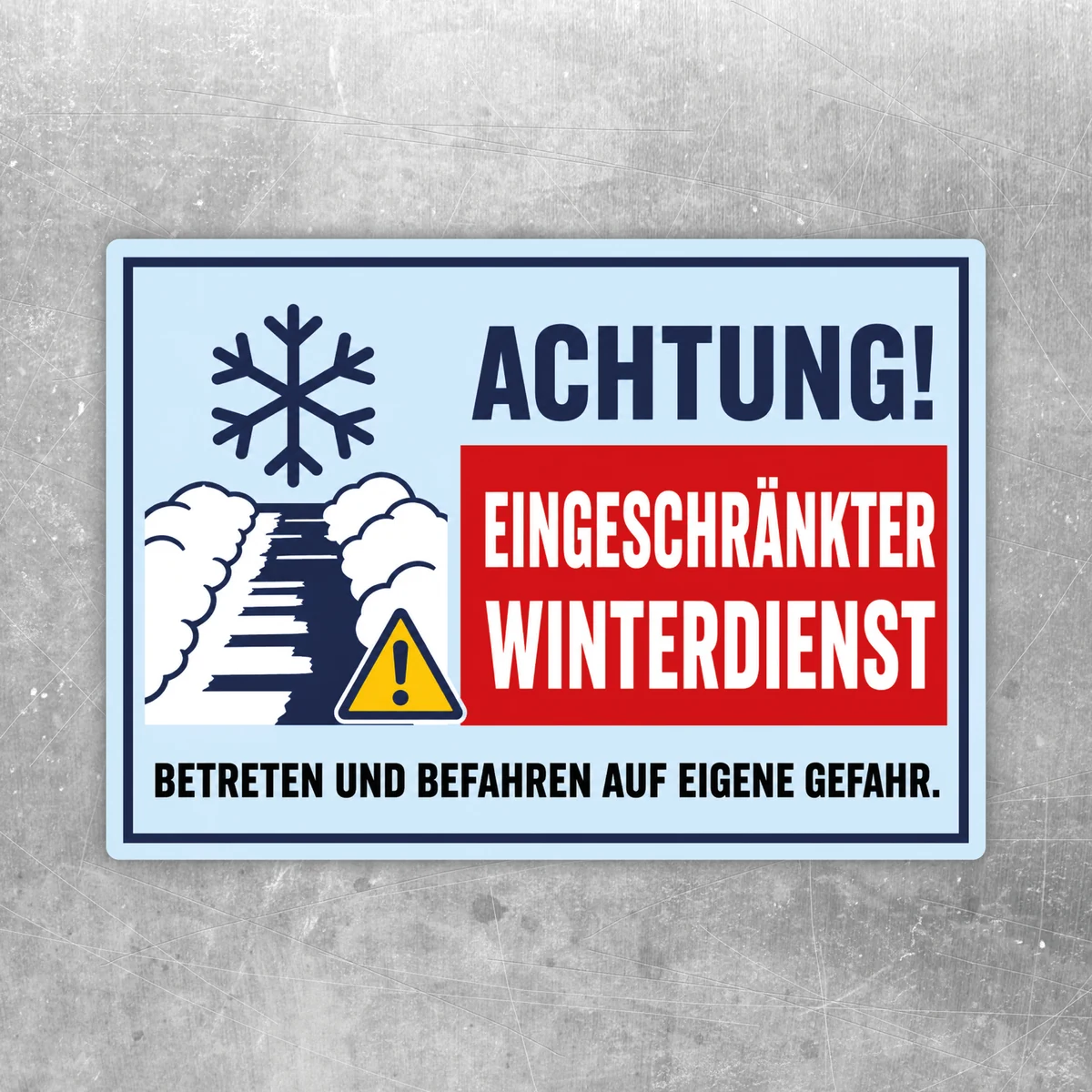 Achtung eingeschränkter Winterdienst Aufkleber mit Schneeflocke, Warnsymbol und rotem Hinweisblock in Querformat.