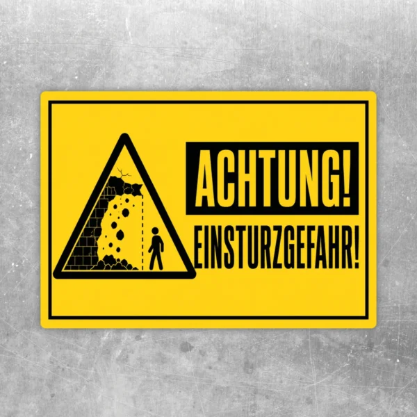 Warnaufkleber Einsturzgefahr in Gelb und Schwarz mit Warnsymbol und großem Text für gut sichtbare Gefahrenkennzeichnung.