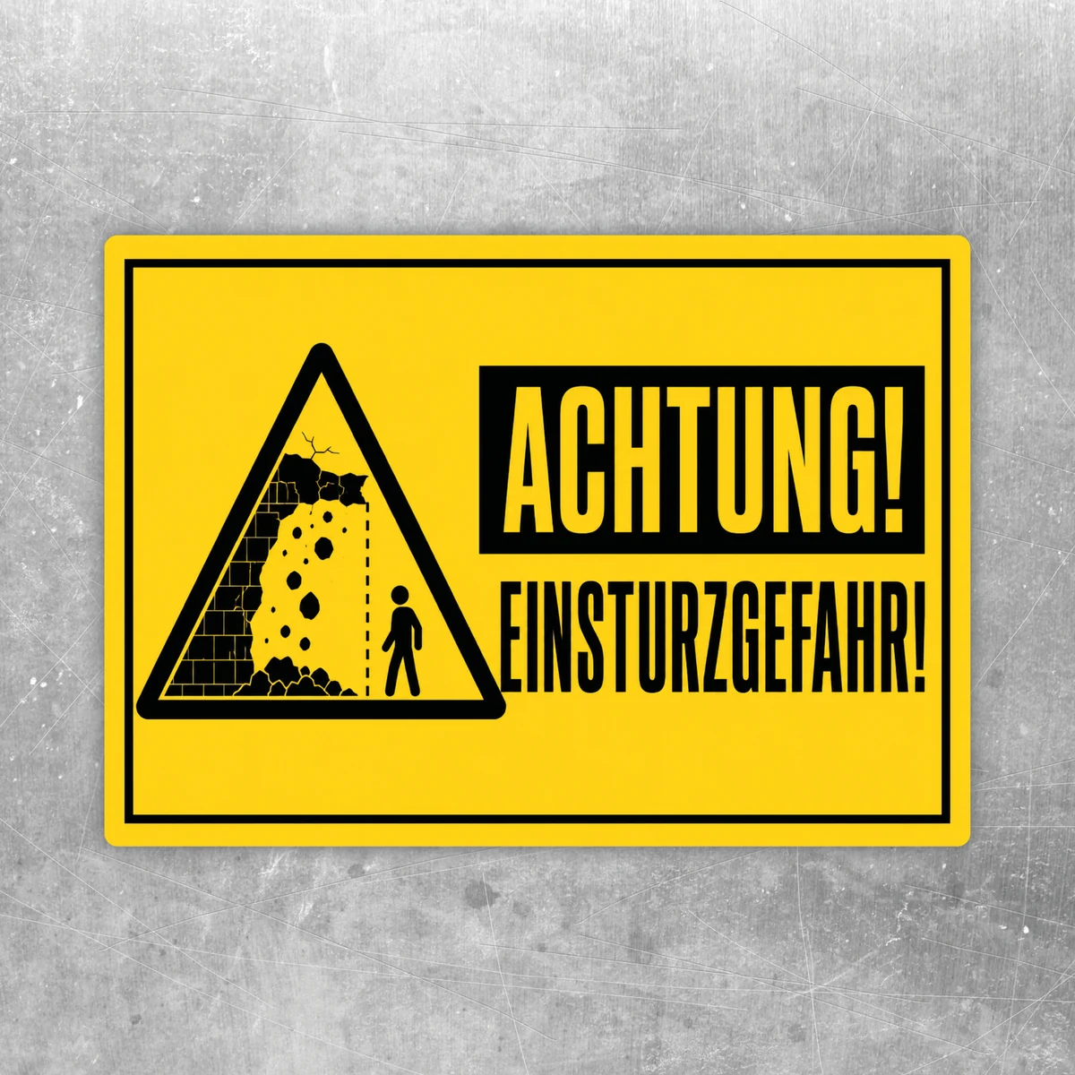 Warnaufkleber Einsturzgefahr in Gelb und Schwarz mit Warnsymbol und großem Text für gut sichtbare Gefahrenkennzeichnung.