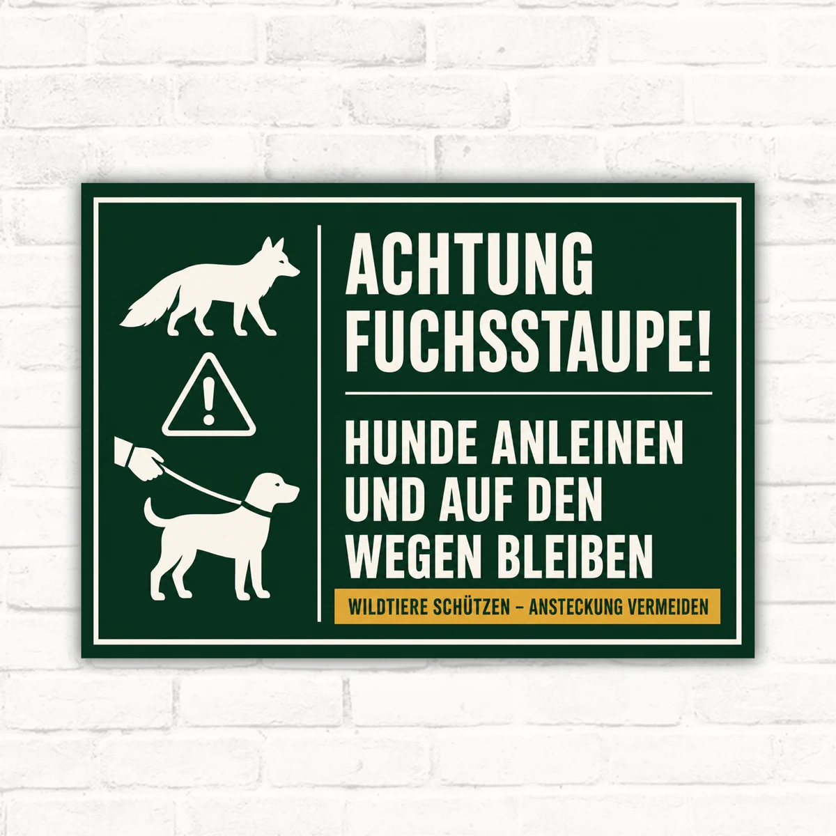 Fuchsstaupe Schild mit Text „Hunde anleinen und auf den Wegen bleiben“ als Warnschild für Naturwege.