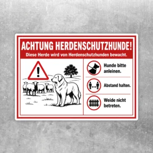 Achtung Herdenschutzhunde Aufkleber in Rot, Weiß und Schwarz für Weide und Hof mit klarer Warnwirkung.