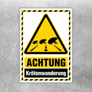 Aufkleber mit Warnsymbol und Schriftzug Achtung Krötenwanderung in Gelb, Schwarz und Weiß im Hochformat.