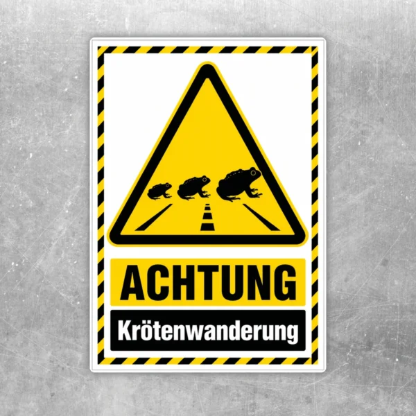 Aufkleber mit Warnsymbol und Schriftzug Achtung Krötenwanderung in Gelb, Schwarz und Weiß im Hochformat.