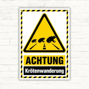Achtung Krötenwanderung Warnschild mit gelbem Warnmotiv, schwarzem Dreieck und deutlichem Schriftzug als Alu-Verbundschild.