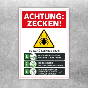 Achtung Zecken! Sicherheitstipps Aufkleber mit Warnsymbol, rotem Kopfbereich und Hinweisen für den Außenbereich.