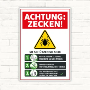 Achtung Zecken Schild mit Warnsymbol und Sicherheitstipps als bedrucktes Hinweisschild für Grünflächen und Außenbereiche.