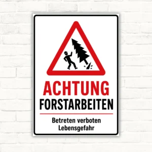 Achtung Forstarbeiten Schild mit Warnsymbol, Betreten verboten und Lebensgefahr als bedrucktes Warnschild für den Forstbereich.
